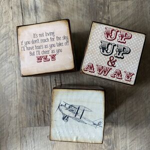 Set Of 3 Plane Aviation 3"x 3" Rustic Country Charm Wooden Blocks Nursery Decor